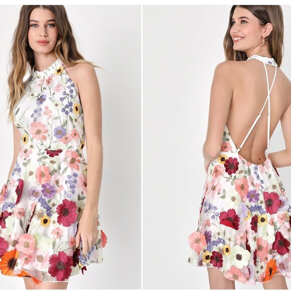 Lulus Blooming Bliss Ivory 3D Floral Embroidered Halter Mini Dress - Picture 1 of 14
